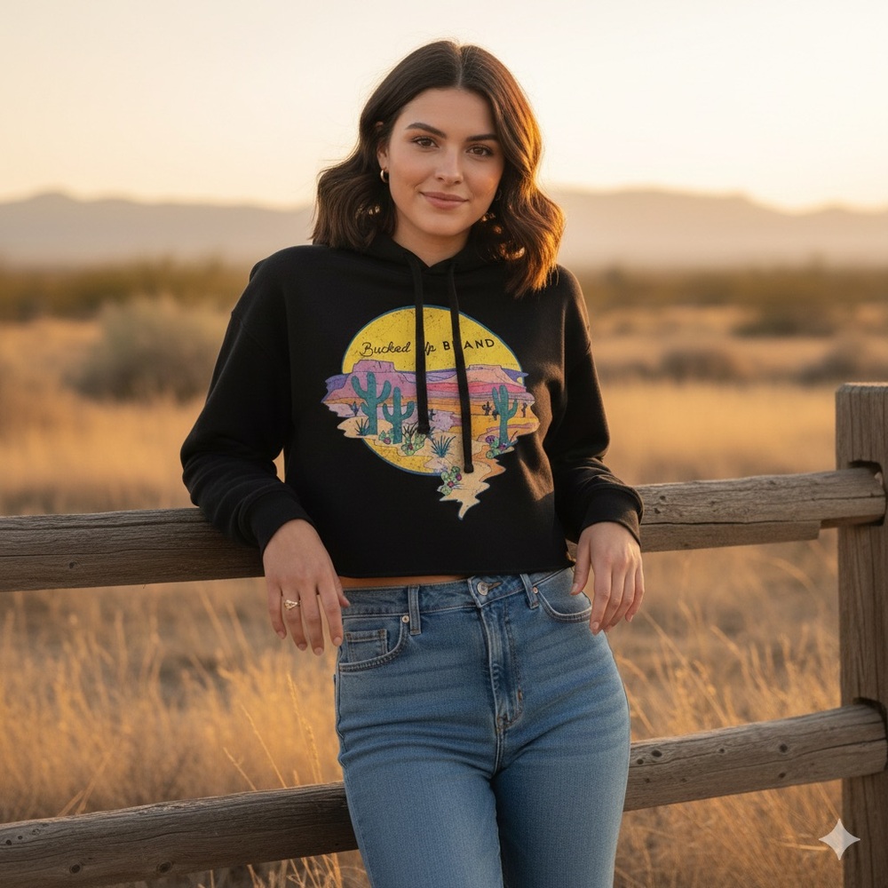 Bucked Up Brand Desert Graphic Raw Hem Cropped Hoodie Black Small‎